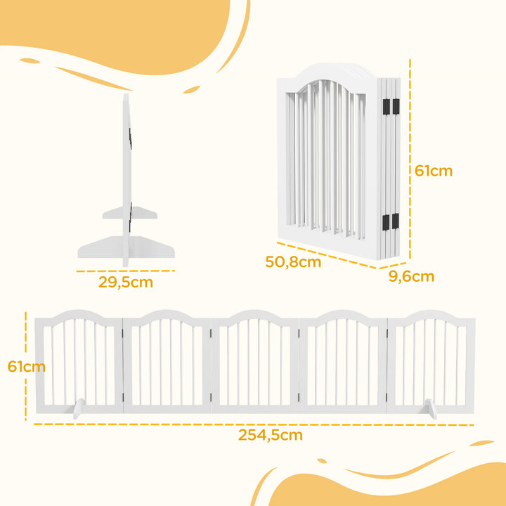 Hundegitter, 5 paneler, foldbar, fleksibel, massivt træ/mdf, 254,5 x 29,5 x 61 cm, hvid