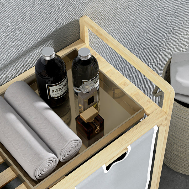 Vasketøjskurv med 2 vasketøjsposer, 1 hylde, bambus, 63,5 cm x 33 cm x 73 cm, lysegrå + natur