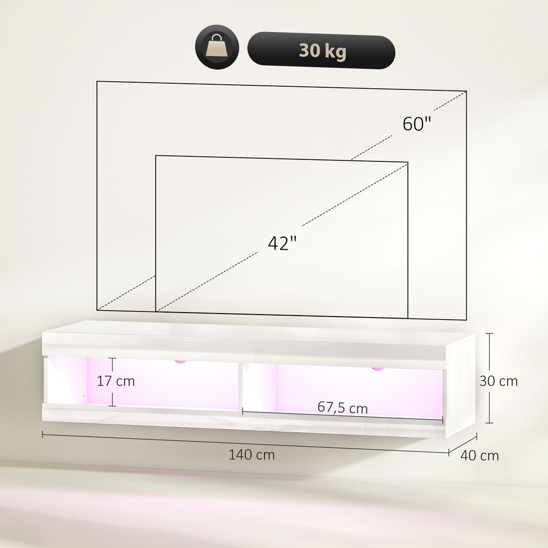 TV-skab, vægmonteret TV-lavbord med RGB LED-belysning i 16 farver, TV-bord med åben opbevaringsplads, til 55-60 tommer TV, til stue, soveværelse, 140 x 40 x 30 cm, hvid højglans