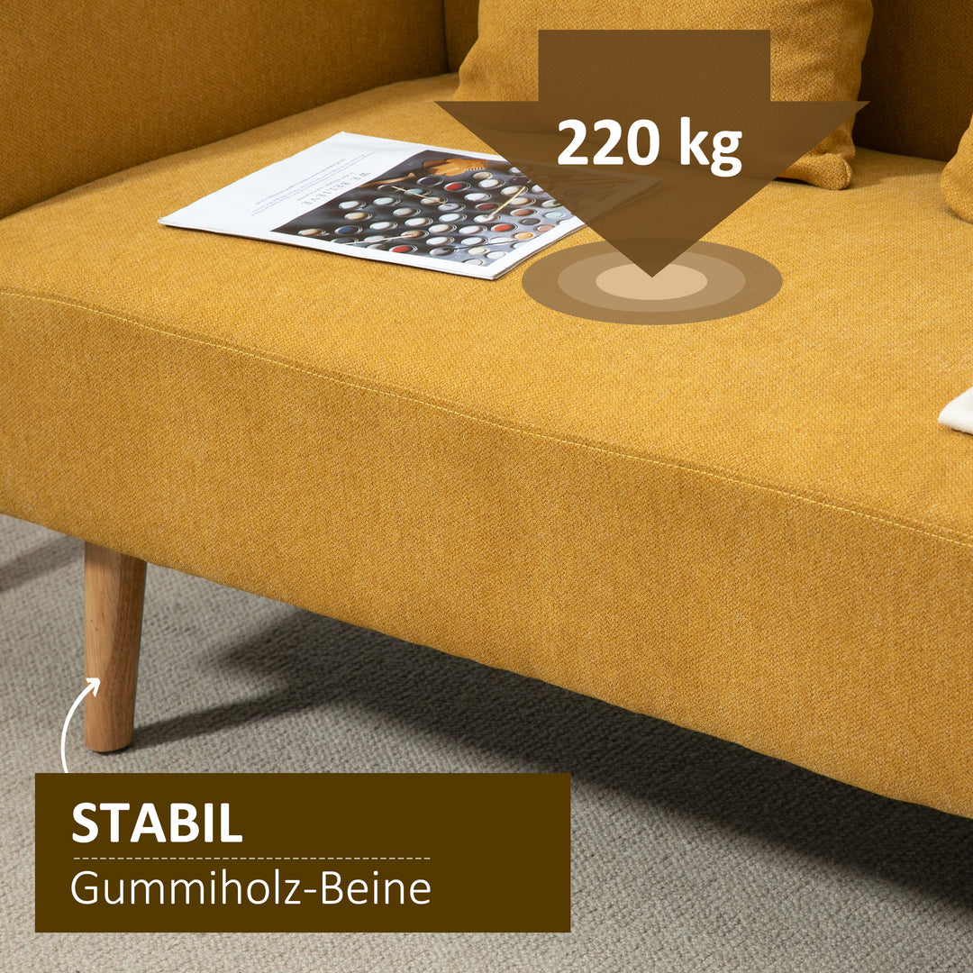 2-personers sofa med 2 puder, lille loveseat med fløjlstop, moderne polstret sofa til stue, soveværelse, lille værelse, gul, 130 x 70 x 80 cm
