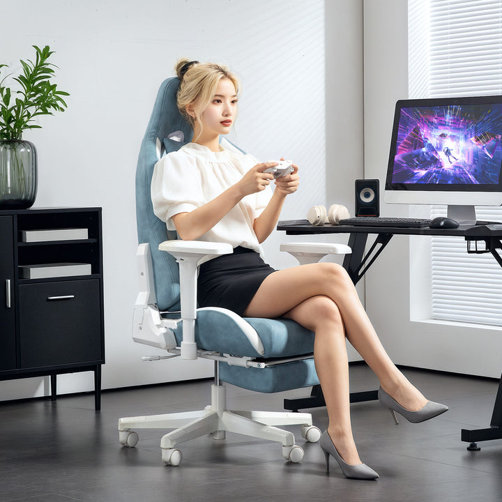 Gamingstol, justerbare armlæn og ryglæn, imiteret læderbetræk, op til 120 kg, blå