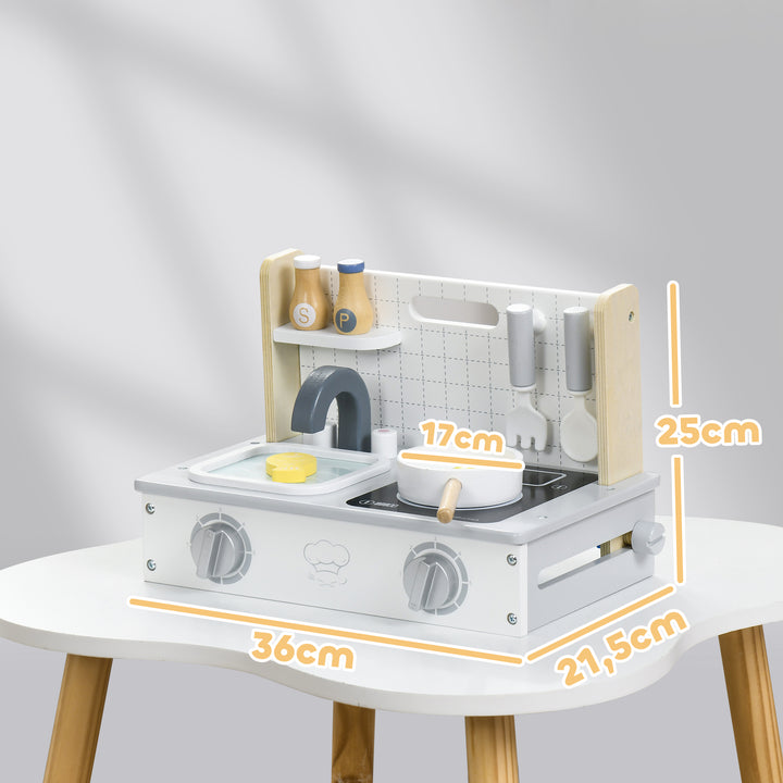 10-Delt børnekøkkensæt med krydderiflasker, gryde, æg og fisk, 36 x 21,5 x 25 cm, grå/gul