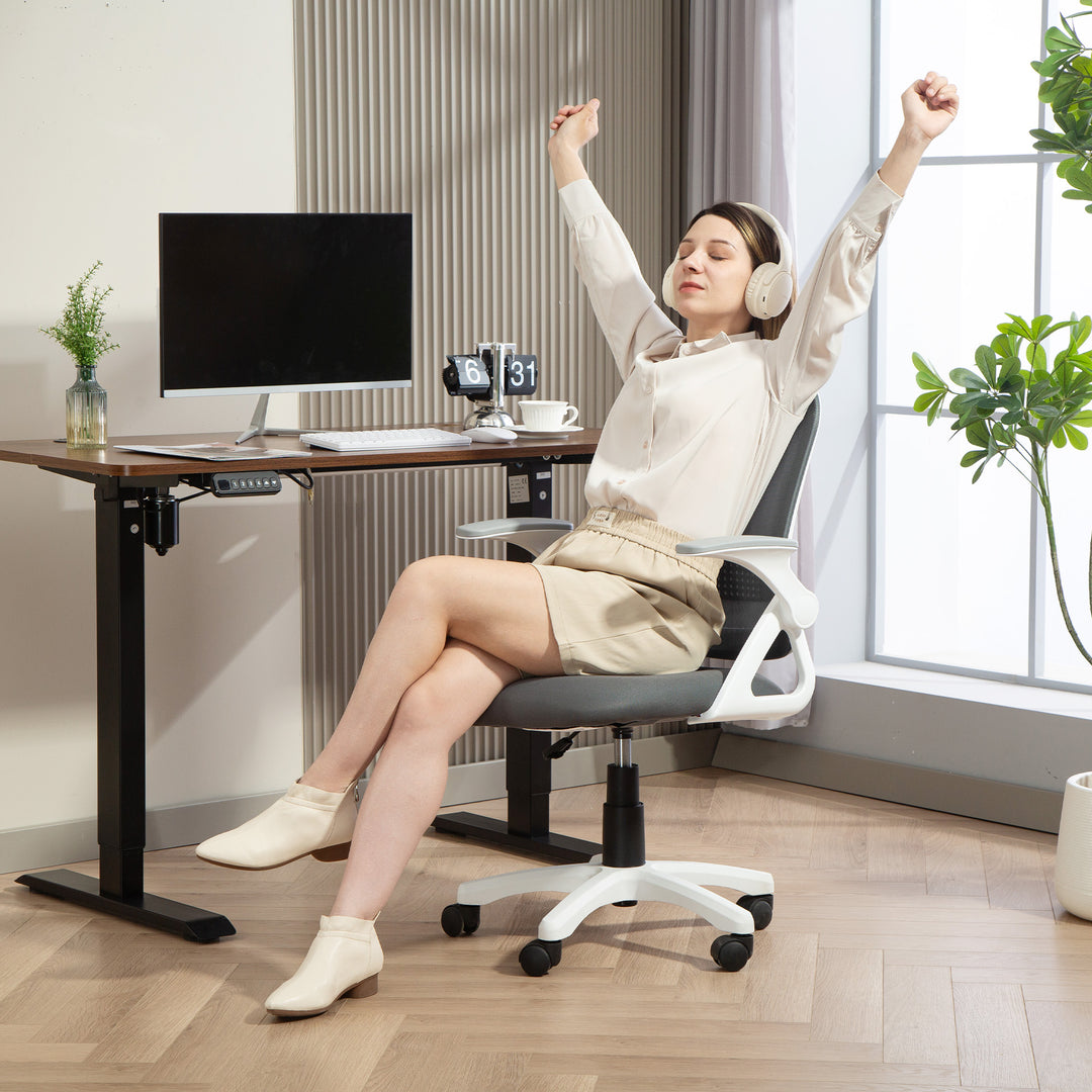 Åndbar netkontorstol, ergonomisk drejestol med foldbare armlæn og lændestøtte, grå