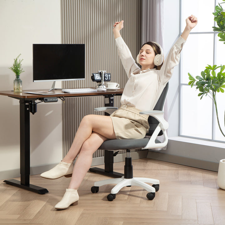 Åndbar netkontorstol, ergonomisk drejestol med foldbare armlæn og lændestøtte, grå