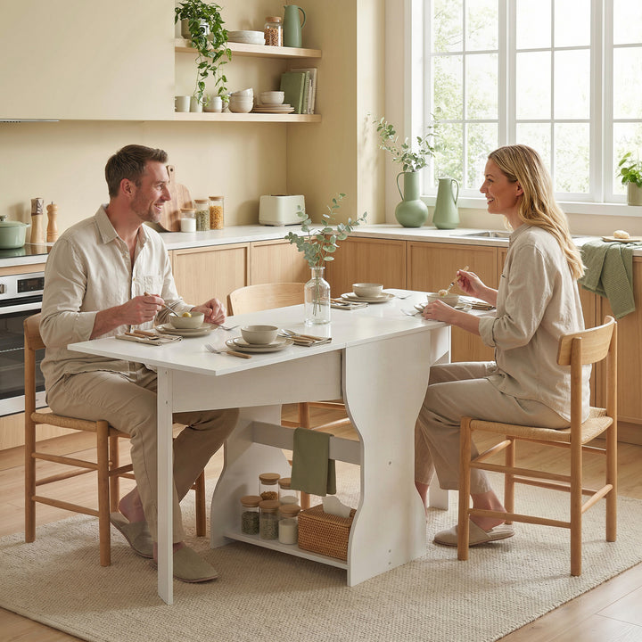 Klapbart spisebord, køkkenbord med opbevaring til 2-4 personer, klapbord til små rum, spisestue, 160 x 60 x 75 cm, hvid