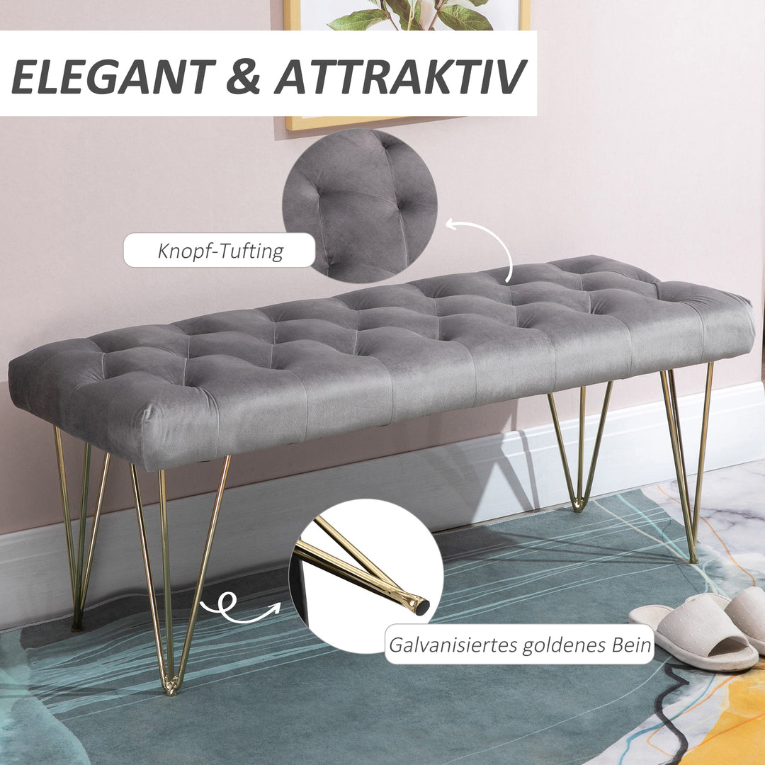 Bænk polstret bænk klaverbænk skobænk med fløjlslook sengebænk klaverbænk til soveværelse, stue, entré, metalgrå 116 x 44,5 x 49 cm