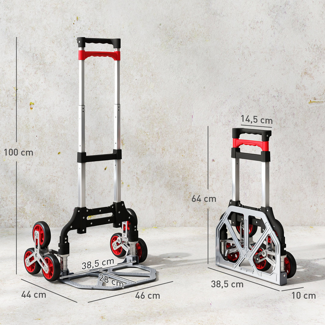 Sammenklappelig trappevogn, 6-hjulet system, lasteevne 70 kg, aluminium, rød
