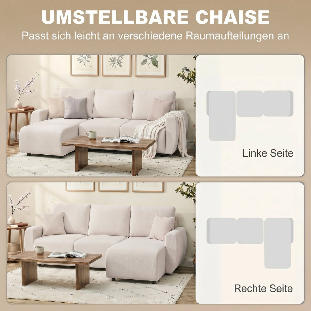 Sovesofa med vendbar chaiselong, L-formet 3-personers sofa med velourbetræk, cremehvid