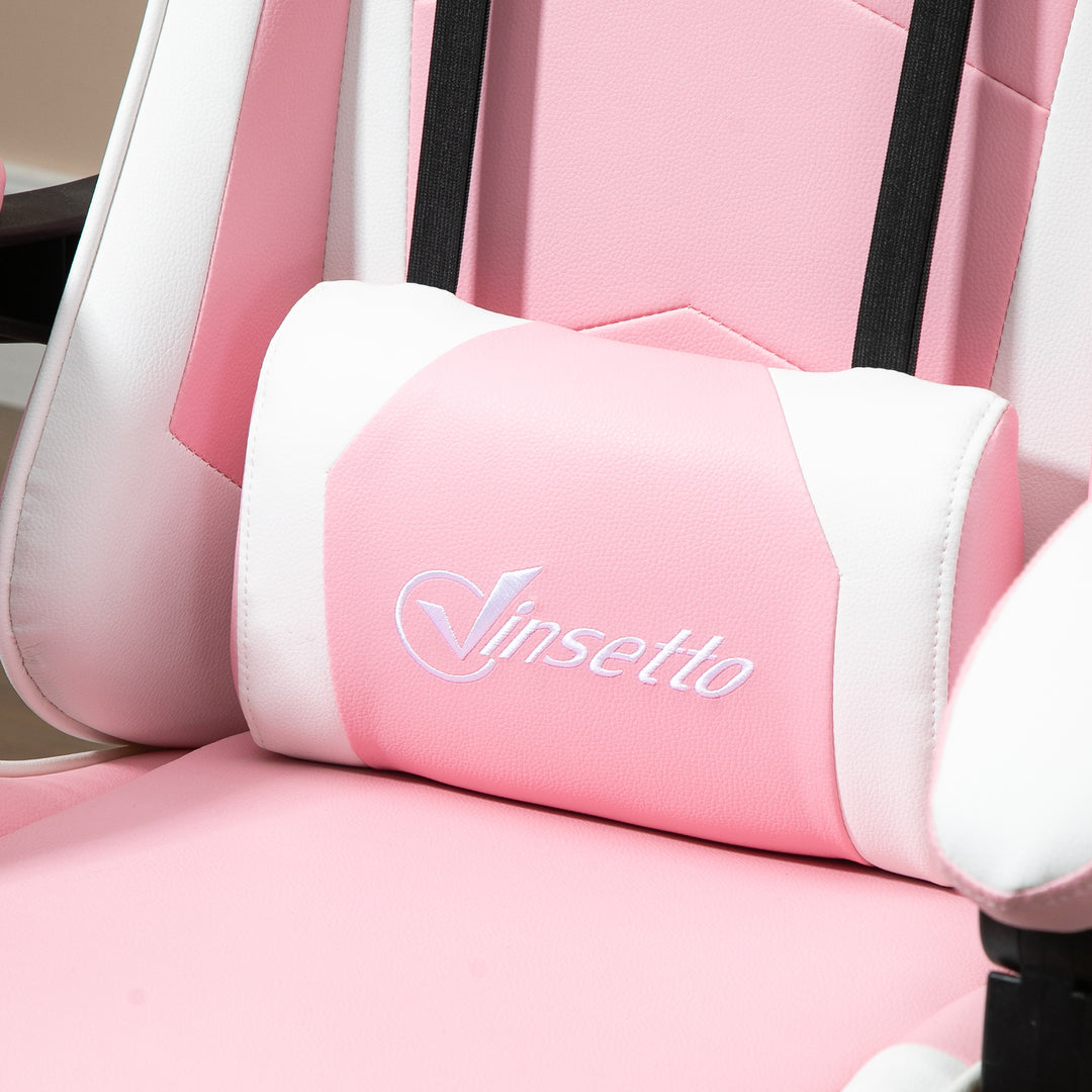 Gaming chair computerstol ergonomisk kontorstol gamerstol med nakkestøtte lændehynde kontorstol højdejusterbar 360° drejelig skum kunstlæder pvc pink+hvid 64 x 67 x 119-127 cm