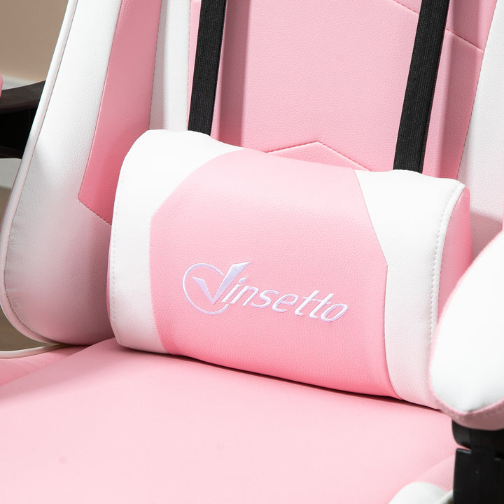 Gaming chair computerstol ergonomisk kontorstol gamerstol med nakkestøtte lændehynde kontorstol højdejusterbar 360° drejelig skum kunstlæder pvc pink+hvid 64 x 67 x 119-127 cm