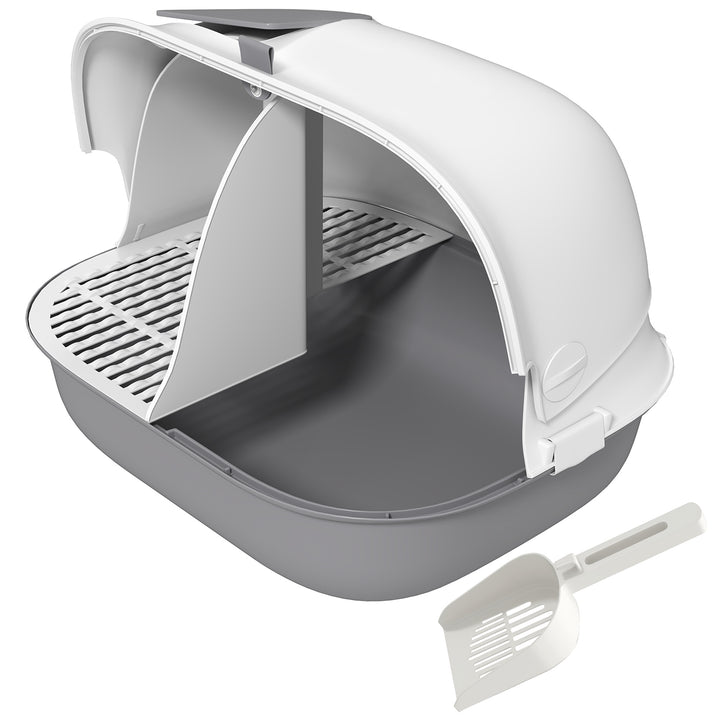 Kattebakke med låg, kattebakke med indvendig kanal, dør, skovl, nem at rengøre, plastik, lysegrå