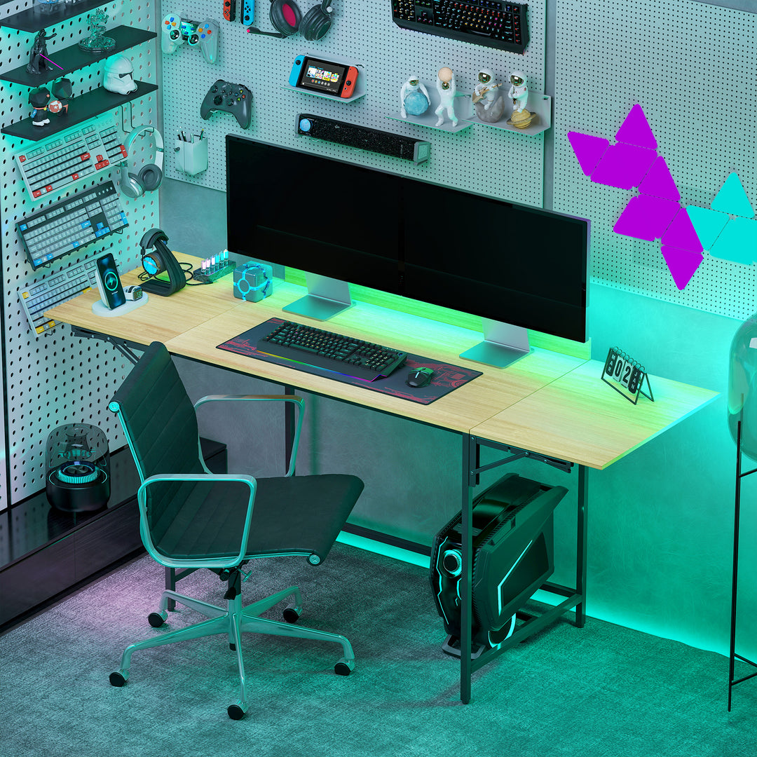 Foldbart computerbord med 2 forlængerpaneler, masser af plads til skærme, metalben, robust konstruktion, eg+sort