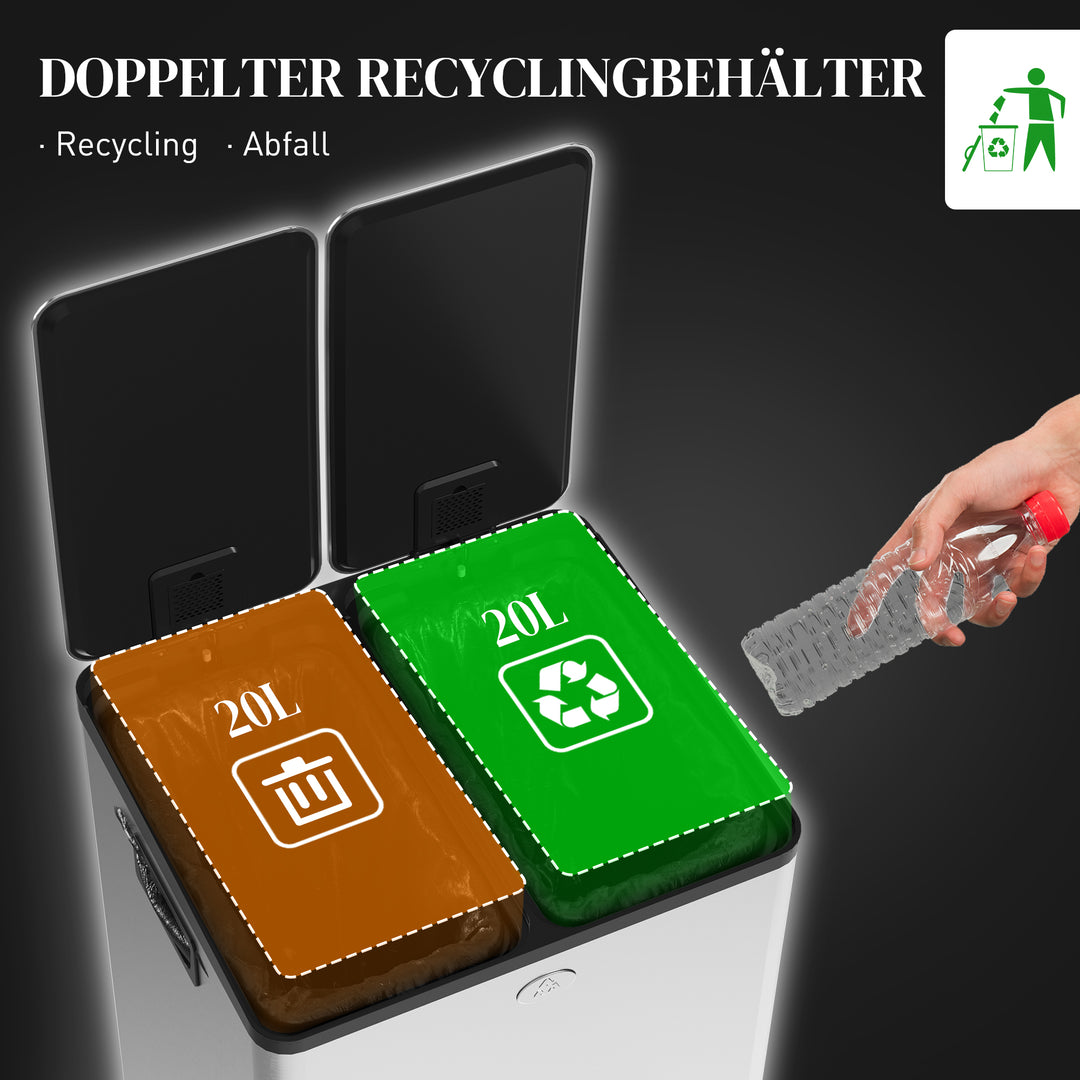 2 x 20 L dobbelte affaldsbeholdere, pedalåbning, nem at rengøre, rustfrit stål, plastik, sølv