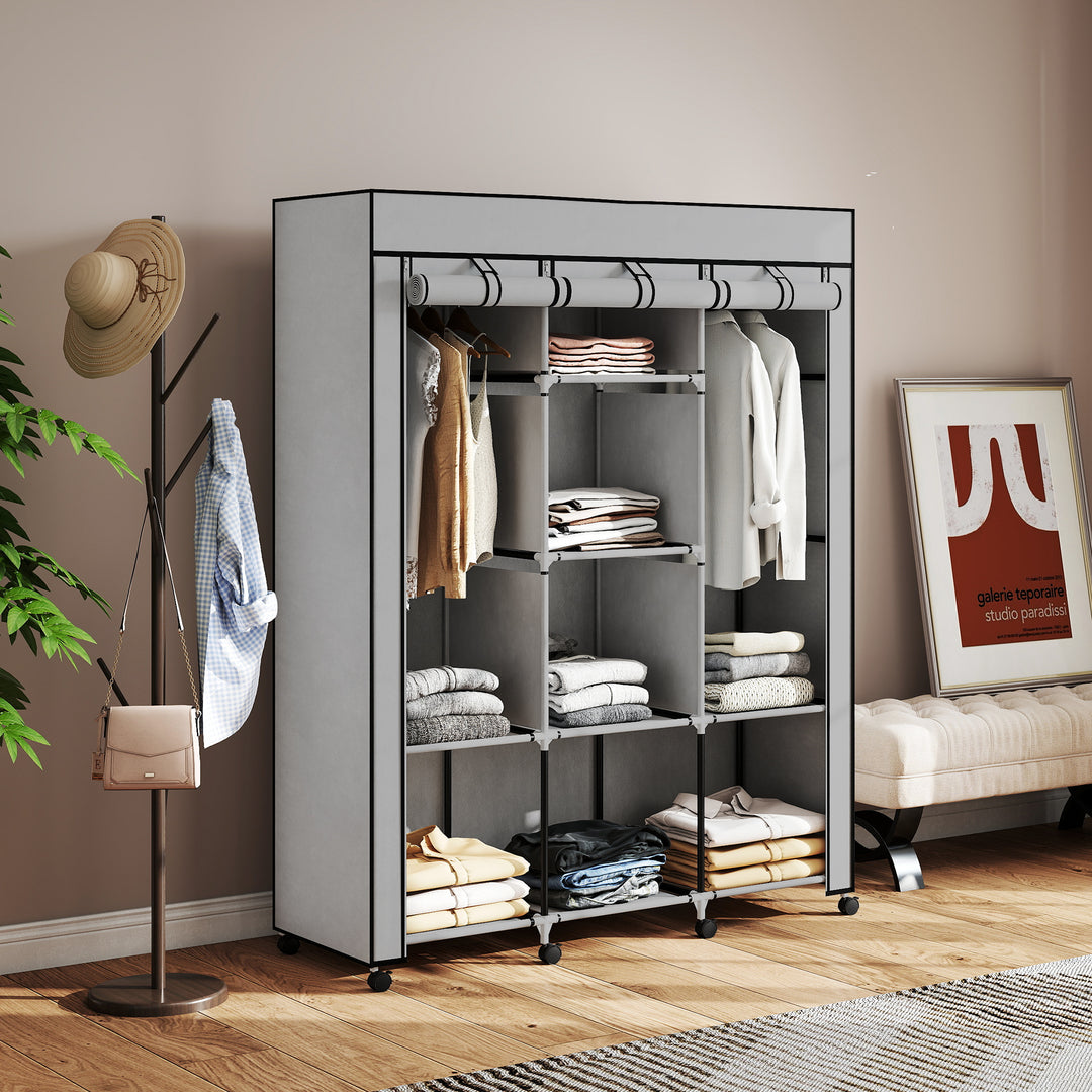 Stofgarderobe, opbevaringsløsning, 8 hylder, 2 garderobestativer, grå