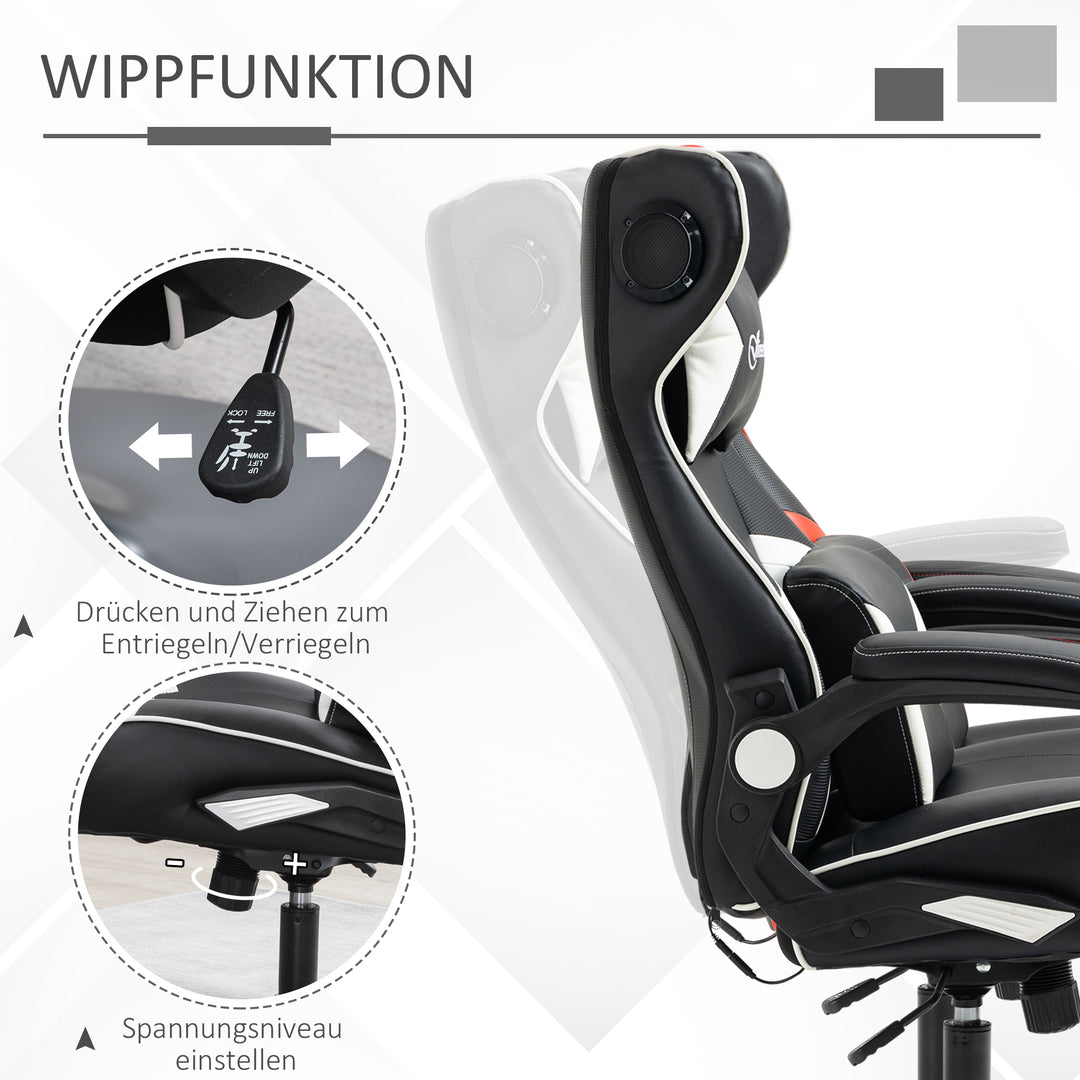 Gamingstol, gamingstol, integrerede højttalere, lænestol, sort+hvid, 69 x 73 x 118 cm