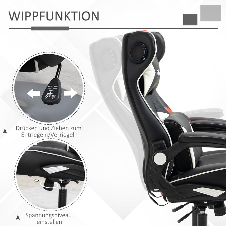 Gamingstol, gamingstol, integrerede højttalere, lænestol, sort+hvid, 69 x 73 x 118 cm