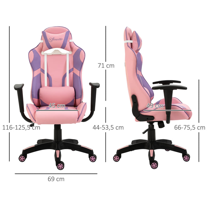 Ergonomisk gamingstol kontorstol drejestol justerbar massage lændepude højdejusterbar pink og lilla 69 x 56 x 125,5 cm