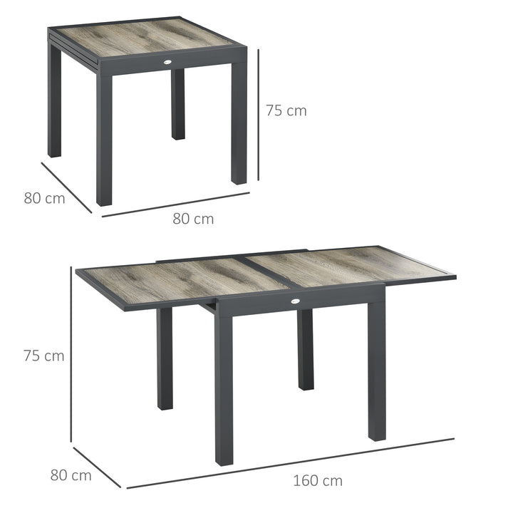 Udtrækkeligt havebord, let at rengøre, aluminiumsstel, trælook, 160 x 80 x 75 cm