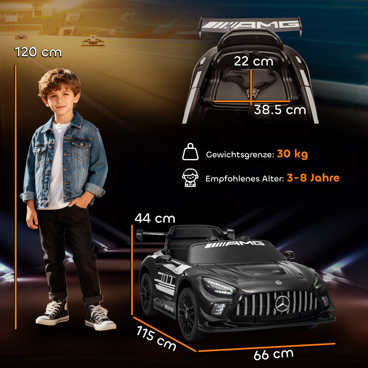 Mercedes elektrisk børnekøretøj, 12V batteri, LED-lys, musikfunktion, horn, alder 3-8, sort