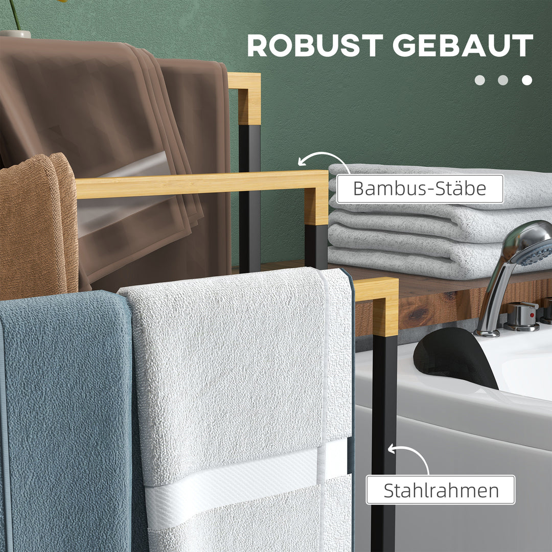Håndklædeholder med 3 håndklædestænger, industrielt design, bambus, 45 x 22,5 x 86 cm, sort + naturfarvet