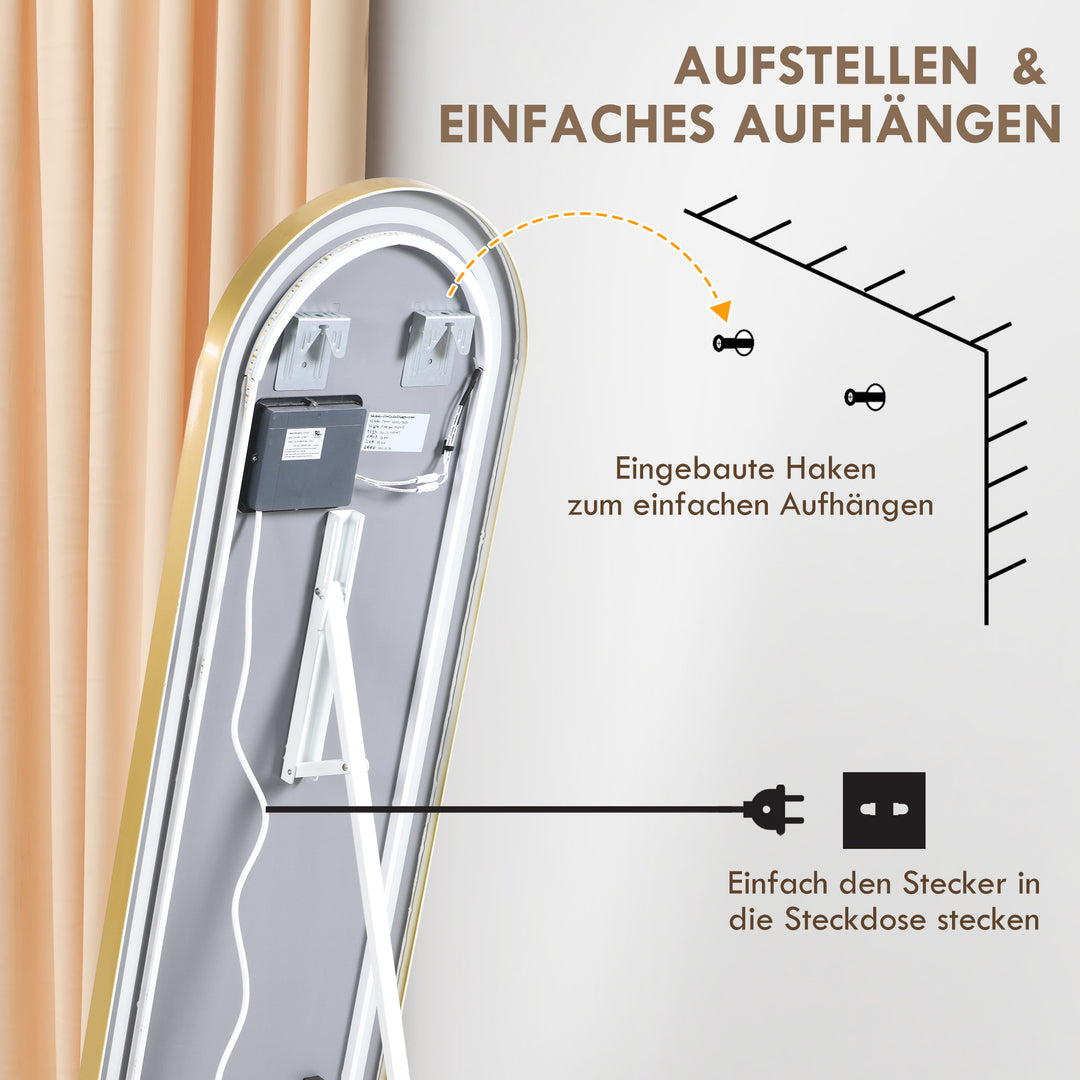 Stående spejl vægspejl fuld længde spejl inklusive vægbeslag, 151,5 x 50 x 4 cm, guld
