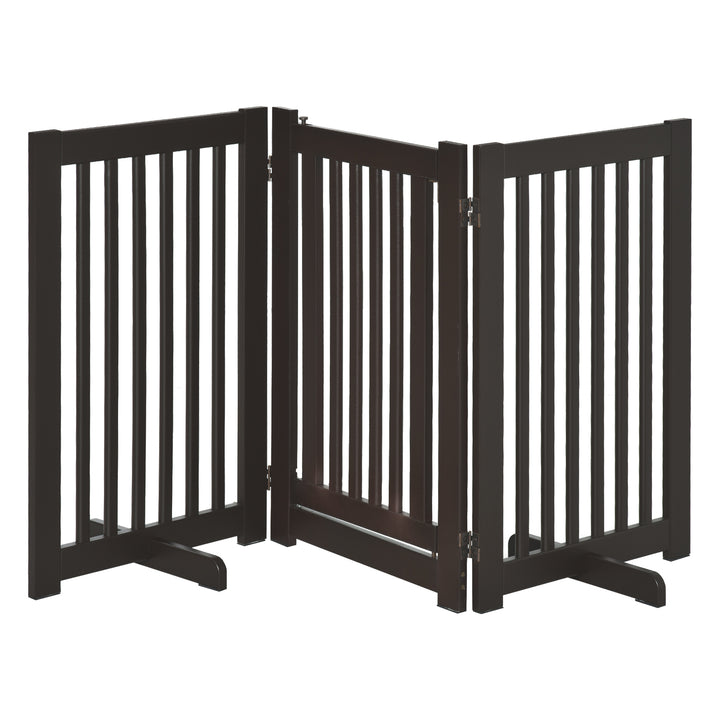 Hundegitter, fritstående, justerbar sikkerhedsgitter med fødder, 155 x 76 cm, træ, foldbar, trappegitter til trapper, døre, køkken, entre, 3 paneler, mørkebrun
