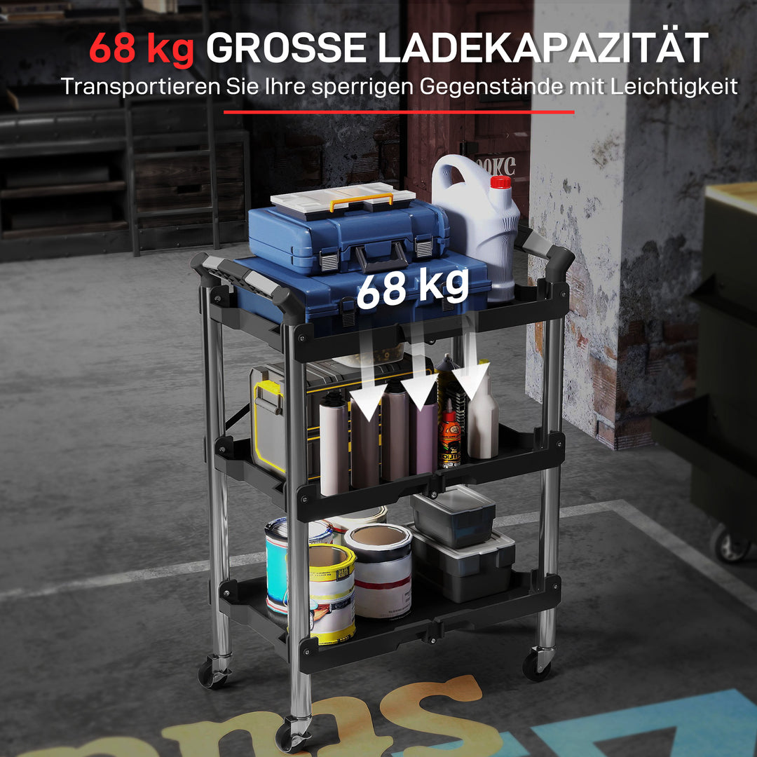 Værktøjsvogn, sammenklappelig 3-lags værktøjsvogn, plast, stål, sort