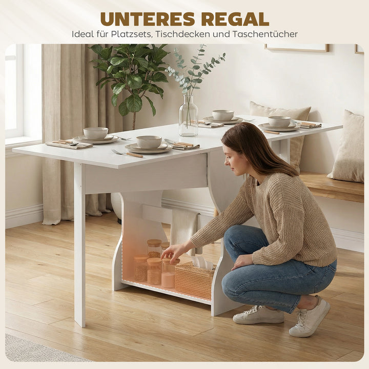 Klapbart spisebord, køkkenbord med opbevaring til 2-4 personer, klapbord til små rum, spisestue, 160 x 60 x 75 cm, hvid