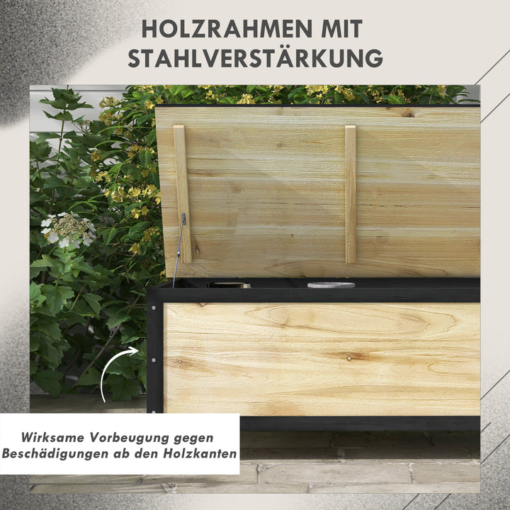 Haveopbevaringskasse, 121 liter, 2 hjul, vejrbestandig, metalhængsler, naturtræ, 100x50x43 cm