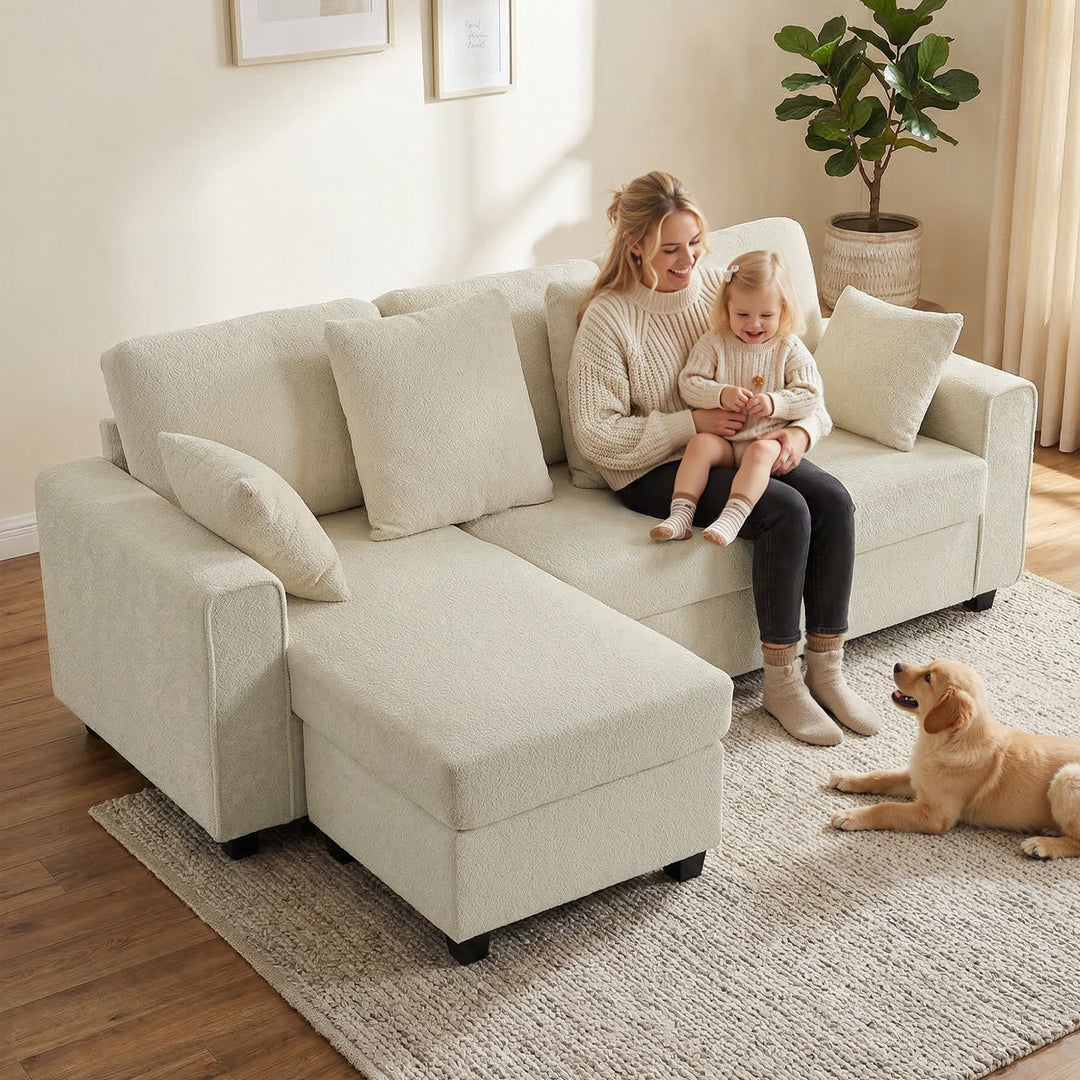 Hjørnesofa med vendbar chaiselong, 3-personers sofa med fløjlslook, bredt og dybt sæde, fjerhynder, beige