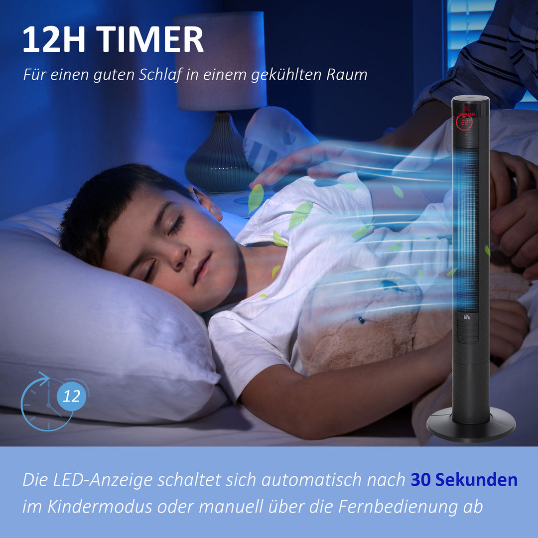 Stille tårnventilator med fjernbetjening, 117 cm, 70° oscillerende ventilator, standerventilator med 4 tilstande, 3 hastigheder, 12-timers timer, LED-display, sort