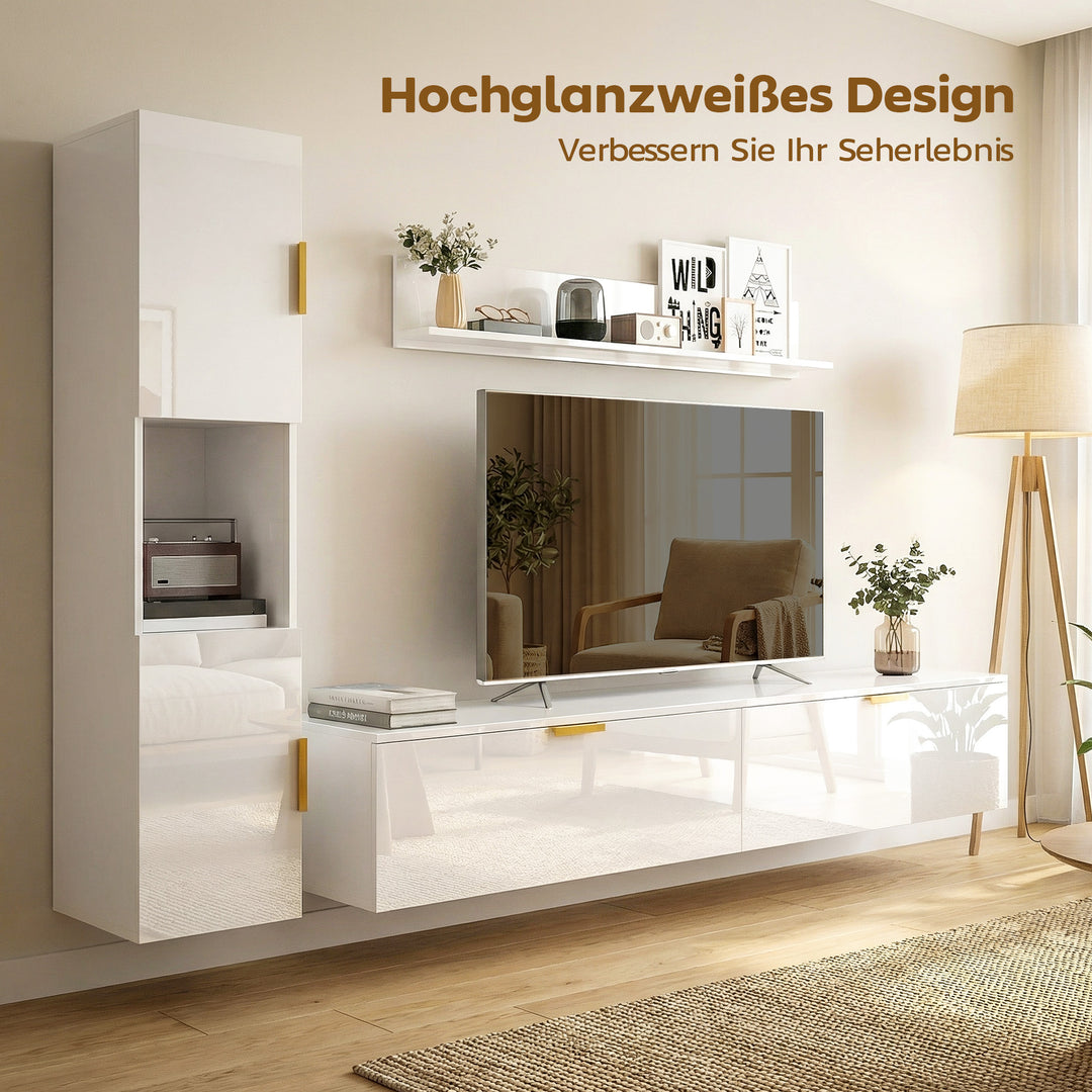 Svævende TV-bord med hængslede døre, underholdningscenter, væghylde, skab, 180 cm, hvid højglans