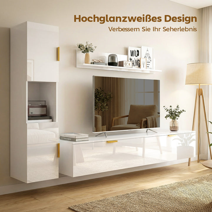 Svævende TV-bord med hængslede døre, underholdningscenter, væghylde, skab, 180 cm, hvid højglans