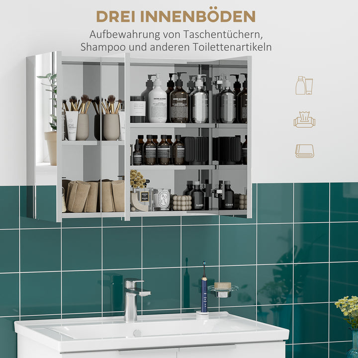 Spejlskab, badeværelsesskab, 3 spejldøre, 5 indvendige hylder, rustfrit stål, farve: sølv, 70 x 12 x 55 cm