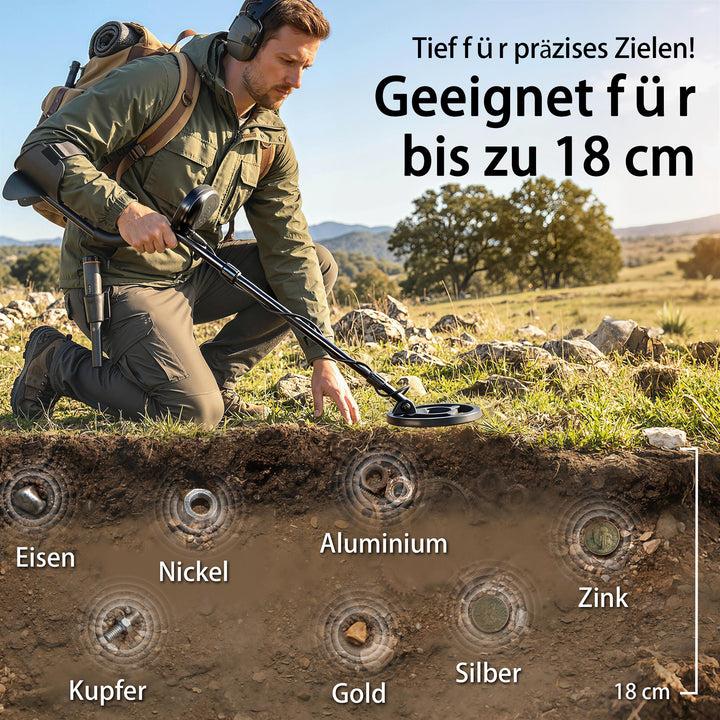 IP68 vandtæt metaldetektor med 3 tilstande, hovedtelefoner, skovl, spole, 7-tommer LCD-skærm, detektionsdybde