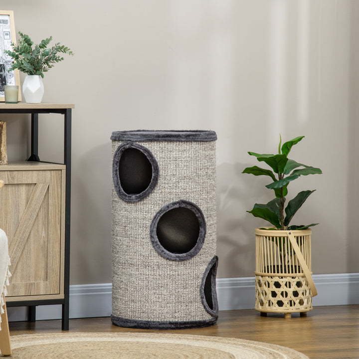 3-Etagers kradsetønde til katte med sisalreb, kradseflade, 38 cm x 38 cm x 70 cm, grå