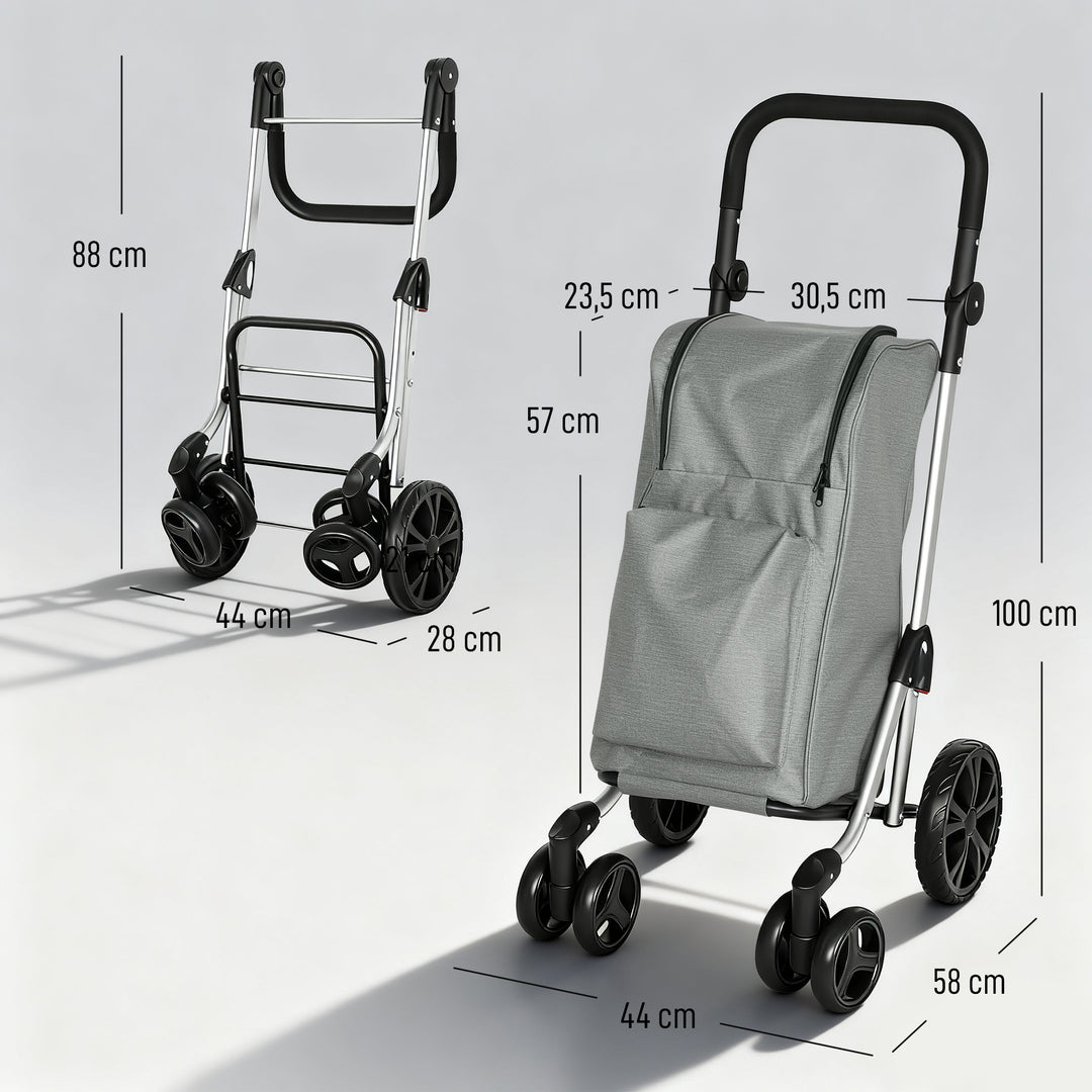 Indkøbsvogn, 46-liters taske, foldbar indkøbsvogn med køletaske, justerbart håndtag, aluminiumsramme, grå
