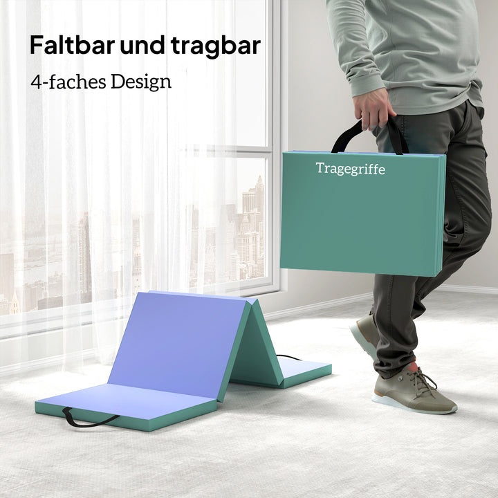 Træningsmåtte, foldbar fitnessmåtte, grøn+lilla, 180 x 60 x 5 cm