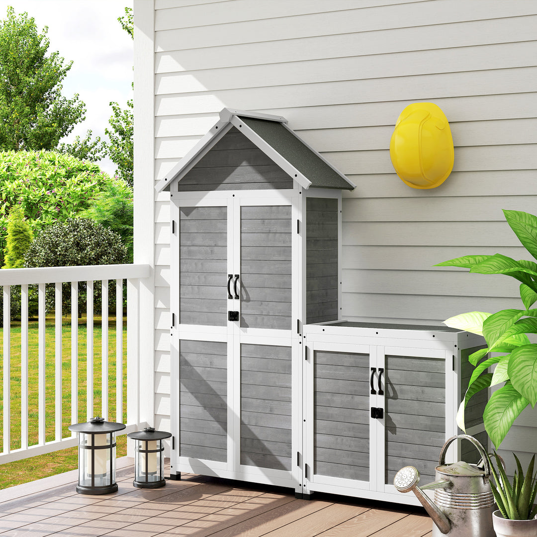 Haveskur med opbevaringsskab, justerbare hylder, aflåselige døre, vandtæt, grantræ, lysegrå