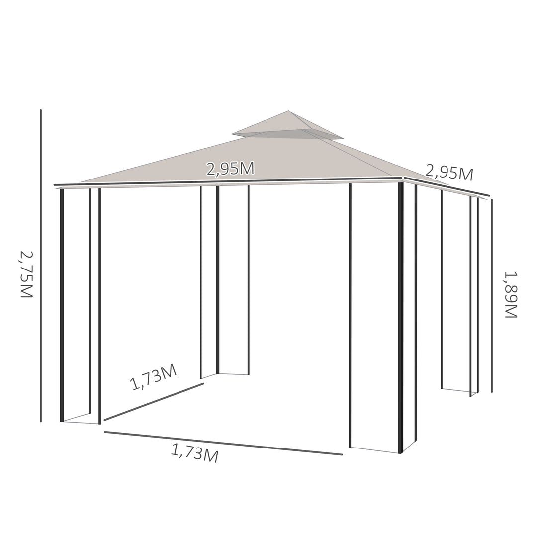 Havepavillon/telt, inklusive monteringsbeslag, vejrbestandig, 295 cm x 295 cm x 275 cm. Beige + Sort