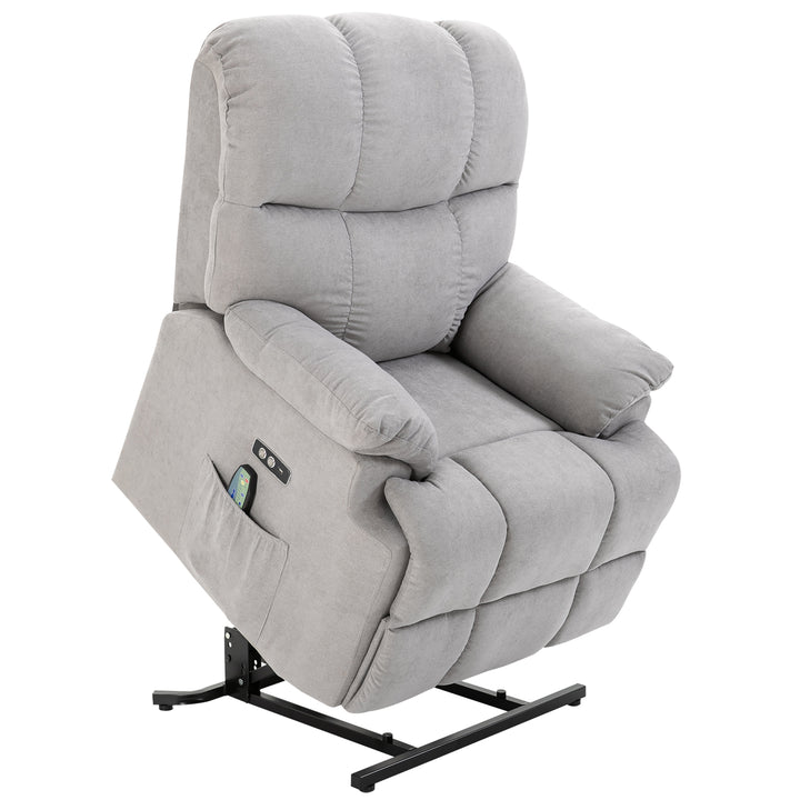 Lænestol med løftehjælp, massagestol, lænestol med USB-port, TV-stol med fjernbetjening, sidelomme, TV-lænestol med fløjlslook, grå