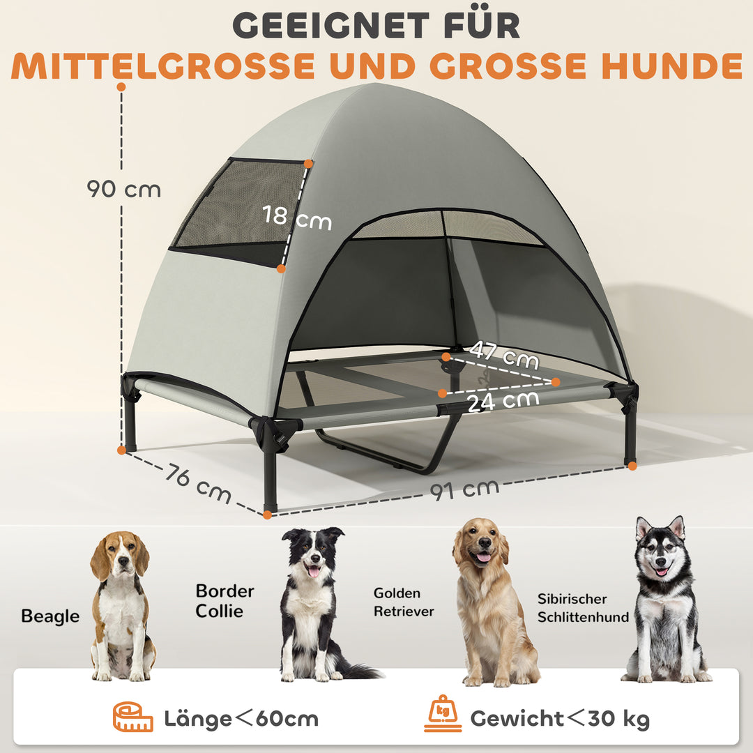 Udendørs hundeseng med tag, hævet hundeseng til store hunde, 91 x 76 x 90 cm, lysegrå