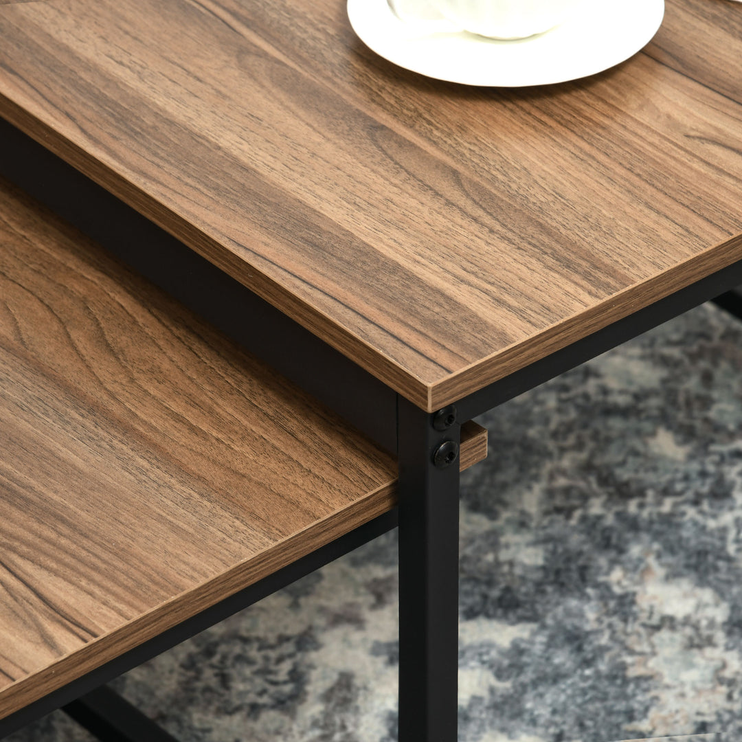 Indskudsbord sæt med 2 sideborde, industridesign, sort stålstel, bordplade i trælook