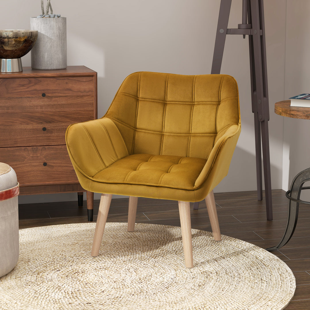 Polstret lænestol, accentstol, skandinavisk design, fløjlslook, op til 120 kg, ben i gummitræ, gul
