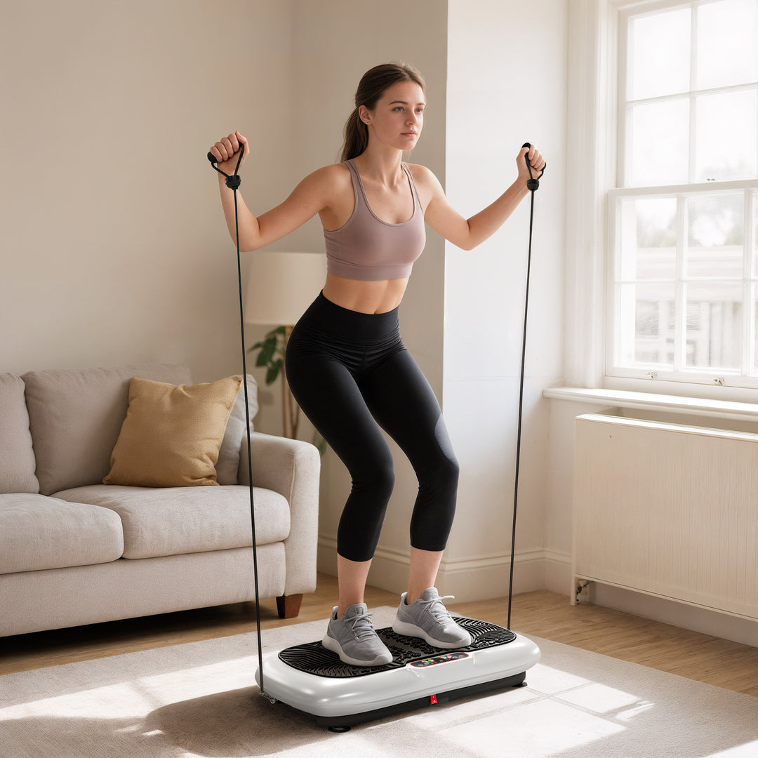 Vibrationsplade med 99 niveauer, 2 fitnessbånd, 73 x 40 x 13 cm, hvid+sort