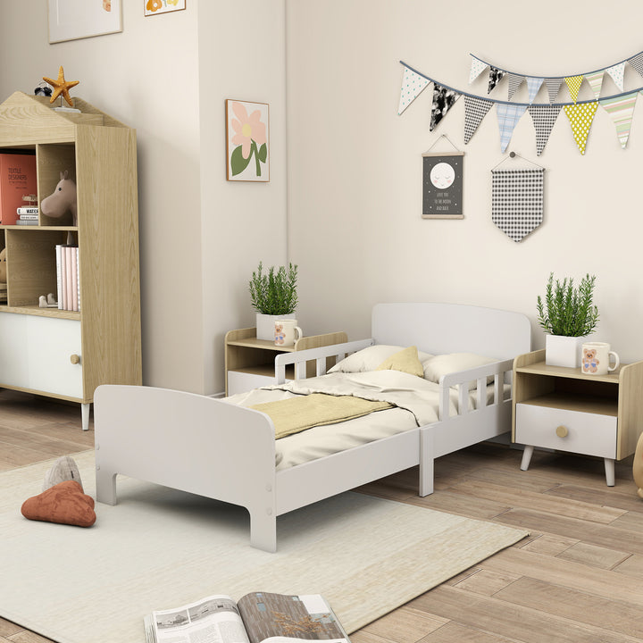 Børneseng med sengehest, småbørnsseng til børn i alderen 3-8 år, MDF, hvid
