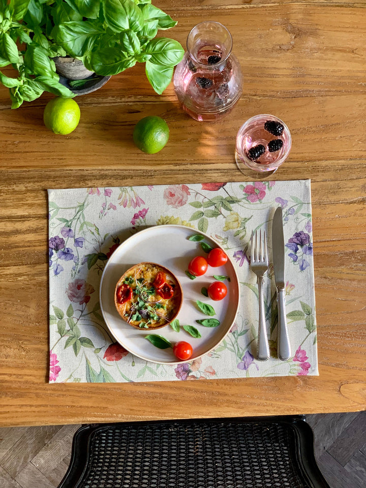 Dækserviet, bomuld-hør blanding, printet, Blossom kollektion