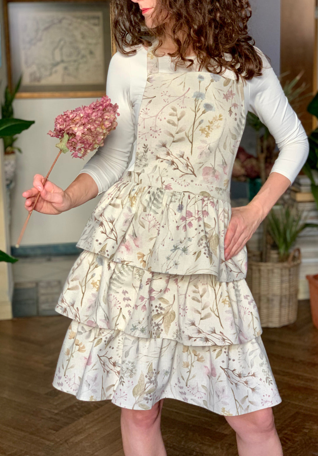 Flæseforklæde til kvinder i bomuld-hør-mix, printet, Aitana kollektion