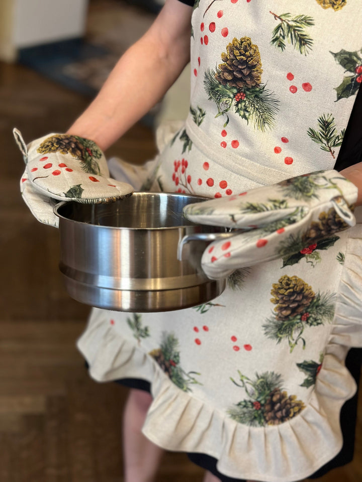 Lille ovnhandske / grydeluffe til jul med dobbelt uldfyld, hør-bomuld blanding, trykt | Golden Pine