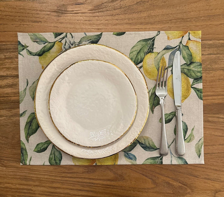 Dækkeserviet 30x43 cm, hør-bomuldsblanding, printet, Lemon Linen kollektion